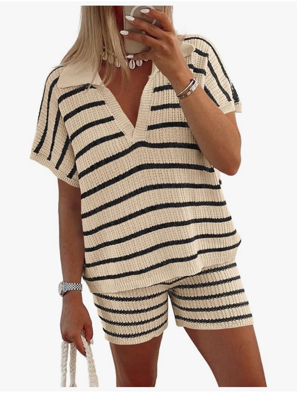 Tankaneo Striped Knit Short Set - Cream & Black Medium